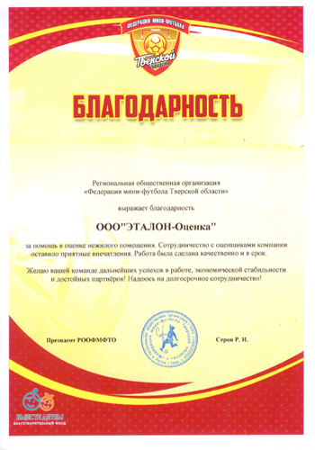 Благодарность Федерации мини-футбола Тверской области