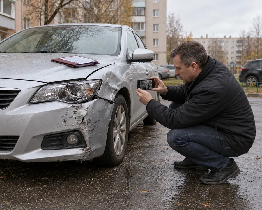 Эксперт фотографирует повреждения автомобиля после ДТП